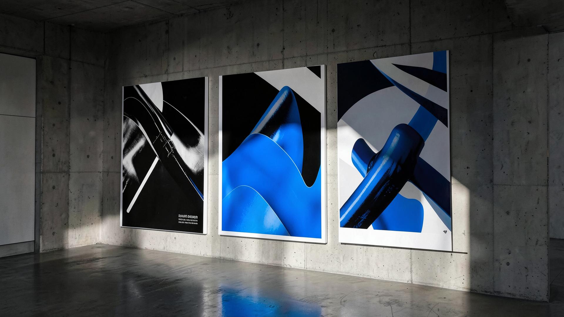 Placeholder campaign posters installed on a concrete gallery wall
