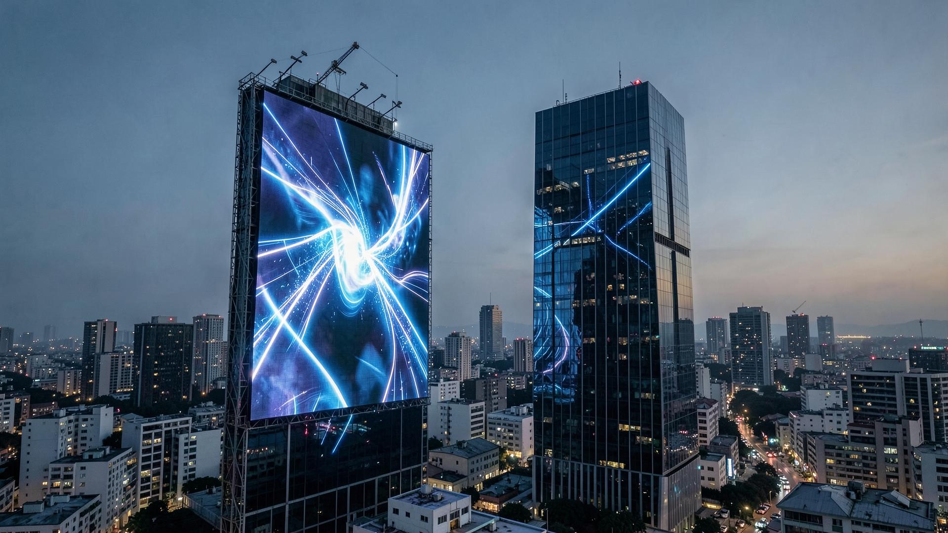 Placeholder city-scale digital billboards at dusk