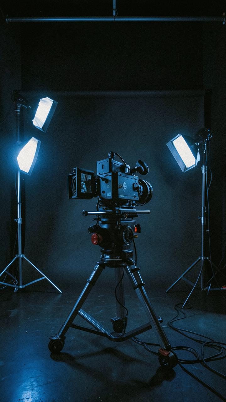Placeholder vertical production still of a cinema camera in a studio